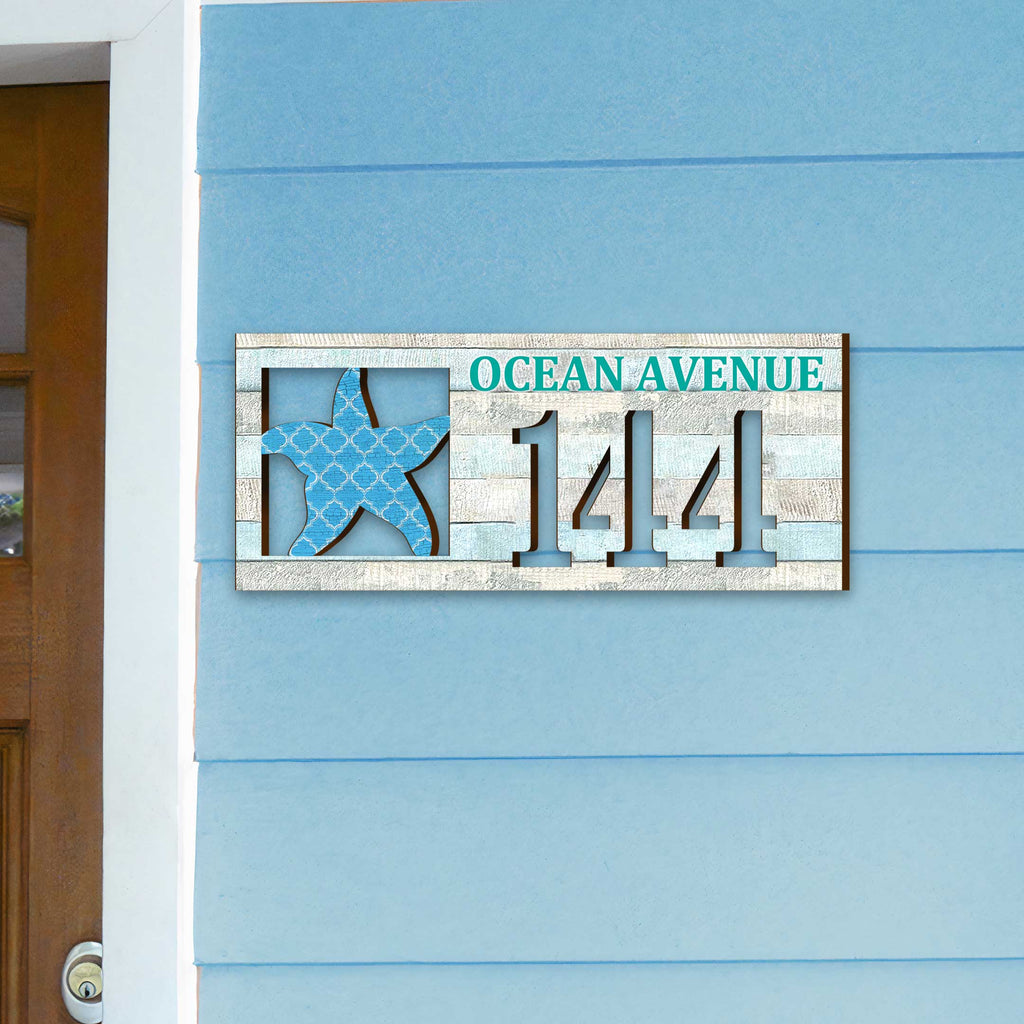 Handcrafted Coastal Starfish Address Sign – Custom House Number & Street Name Plaque – Horizontal Address Plaque for Porch or Entryway MA989806-2
