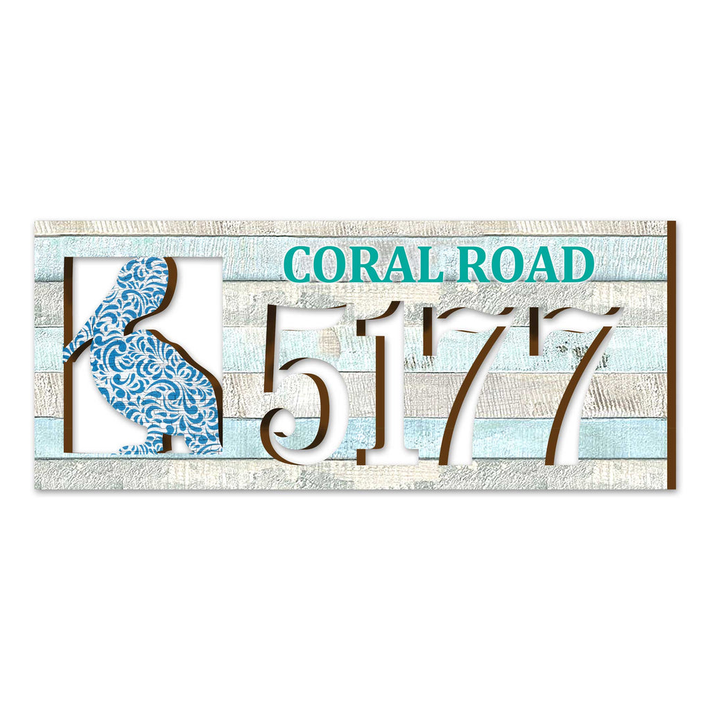 Coastal address plaque with blue pelican cutout, house number 5177, and customizable CORAL ROAD street name, handcrafted by GDebrekht Artistic Studio. Perfect for nautical house numbers, coastal door decoration, beach house decor, and outdoor holiday decorations.