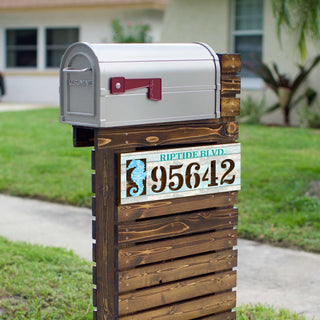 Seahorse coastal address plaque with house number 95642 and customizable RIPTIDE BLVD. street name, handcrafted by GDebrekht Artistic Studio. Perfect for coastal door decoration, nautical house numbers, beach house decor, and outdoor holiday decorations.