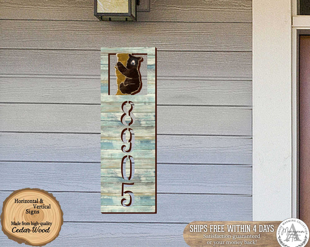 Wildlife Door Numbers Sign - Bear Cub Wooden House Number Plaque - Custom Home Address Sign - MA989825