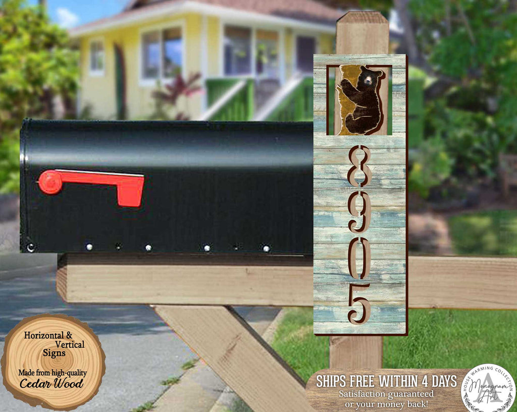 Wildlife Door Numbers Sign - Bear Cub Wooden House Number Plaque - Custom Home Address Sign - MA989825