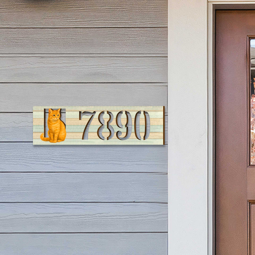Handcrafted Orange Cat Wooden House Number Sign – Custom Address Plaque for Porch or Entryway - Custom Home Handcrafted Wooden Address Sign MA989826
