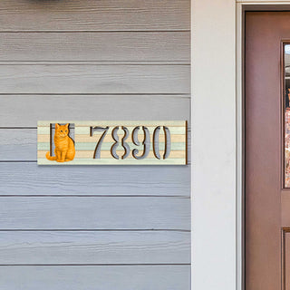 Handcrafted Orange Cat Wooden House Number Sign – Custom Address Plaque for Porch or Entryway - Custom Home Handcrafted Wooden Address Sign MA989826