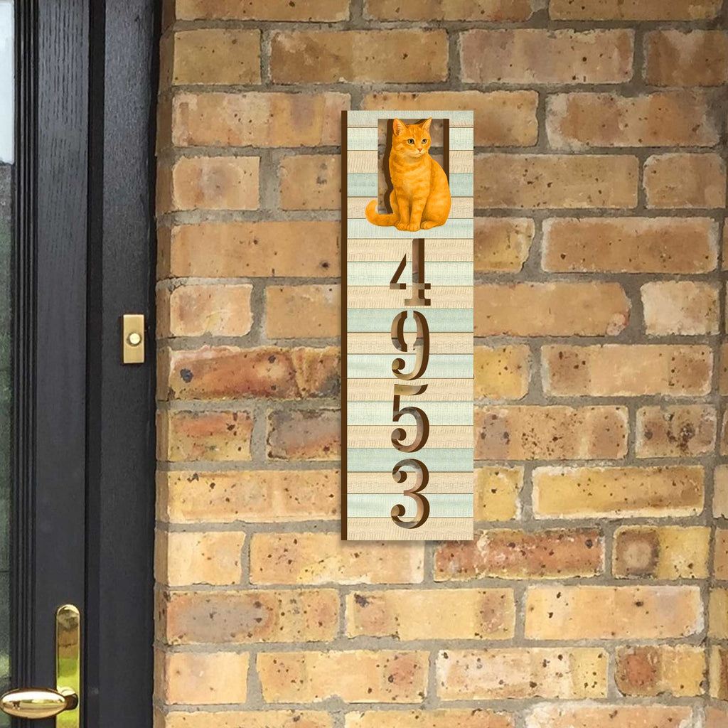 Handcrafted Orange Cat Wooden House Number Sign – Custom Address Plaque for Porch or Entryway - Custom Home Handcrafted Wooden Address Sign MA989826