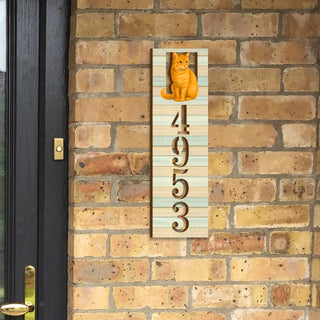 Handcrafted Orange Cat Wooden House Number Sign – Custom Address Plaque for Porch or Entryway - Custom Home Handcrafted Wooden Address Sign MA989826