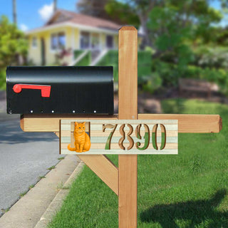 Handcrafted Orange Cat Wooden House Number Sign – Custom Address Plaque for Porch or Entryway - Custom Home Handcrafted Wooden Address Sign MA989826