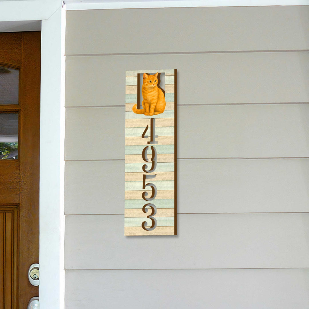 Handcrafted Orange Cat Wooden House Number Sign – Custom Address Plaque for Porch or Entryway - Custom Home Handcrafted Wooden Address Sign MA989826