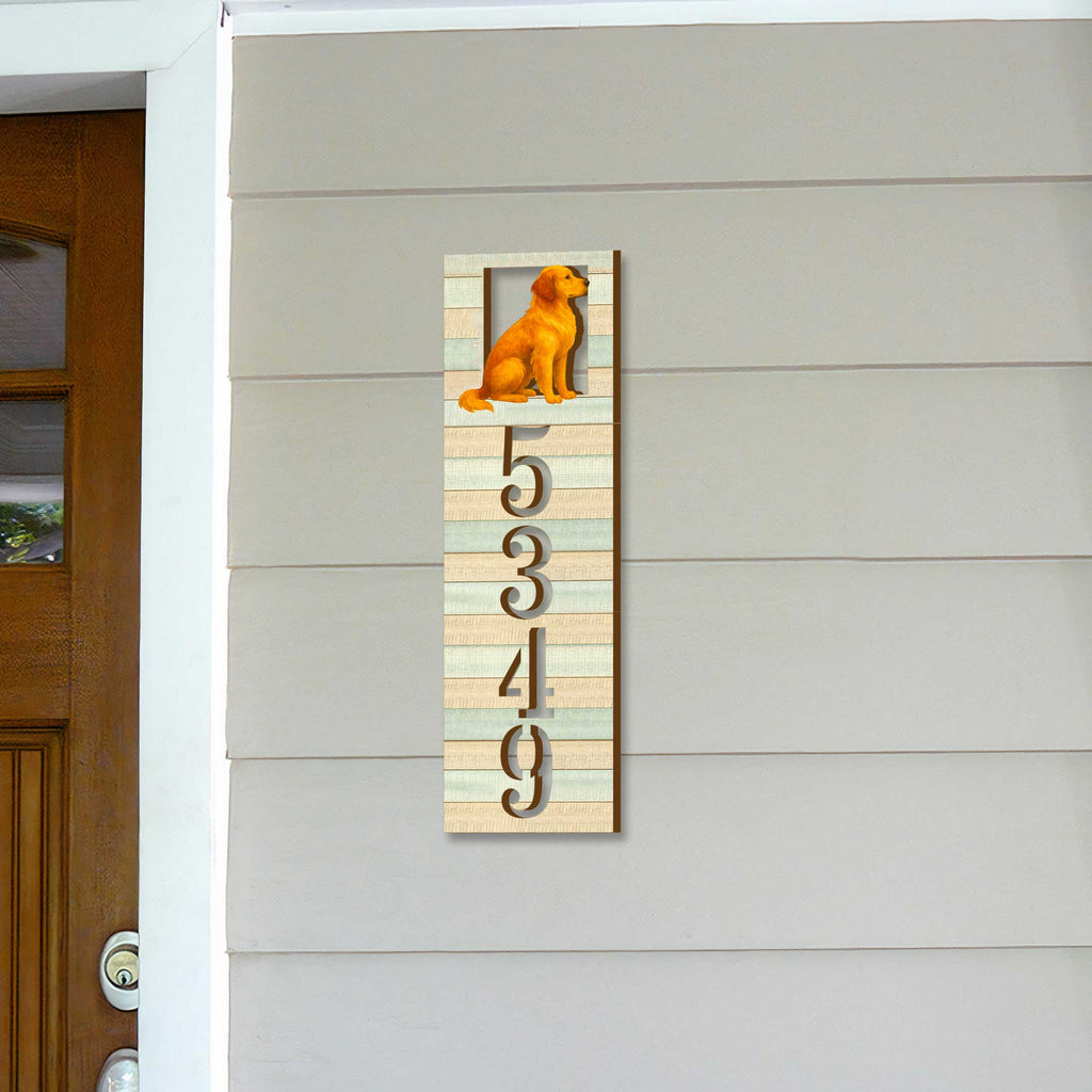 Handcrafted Golden Dog House Number Sign – Custom Home Handcrafted Wooden Address Sign MA989827