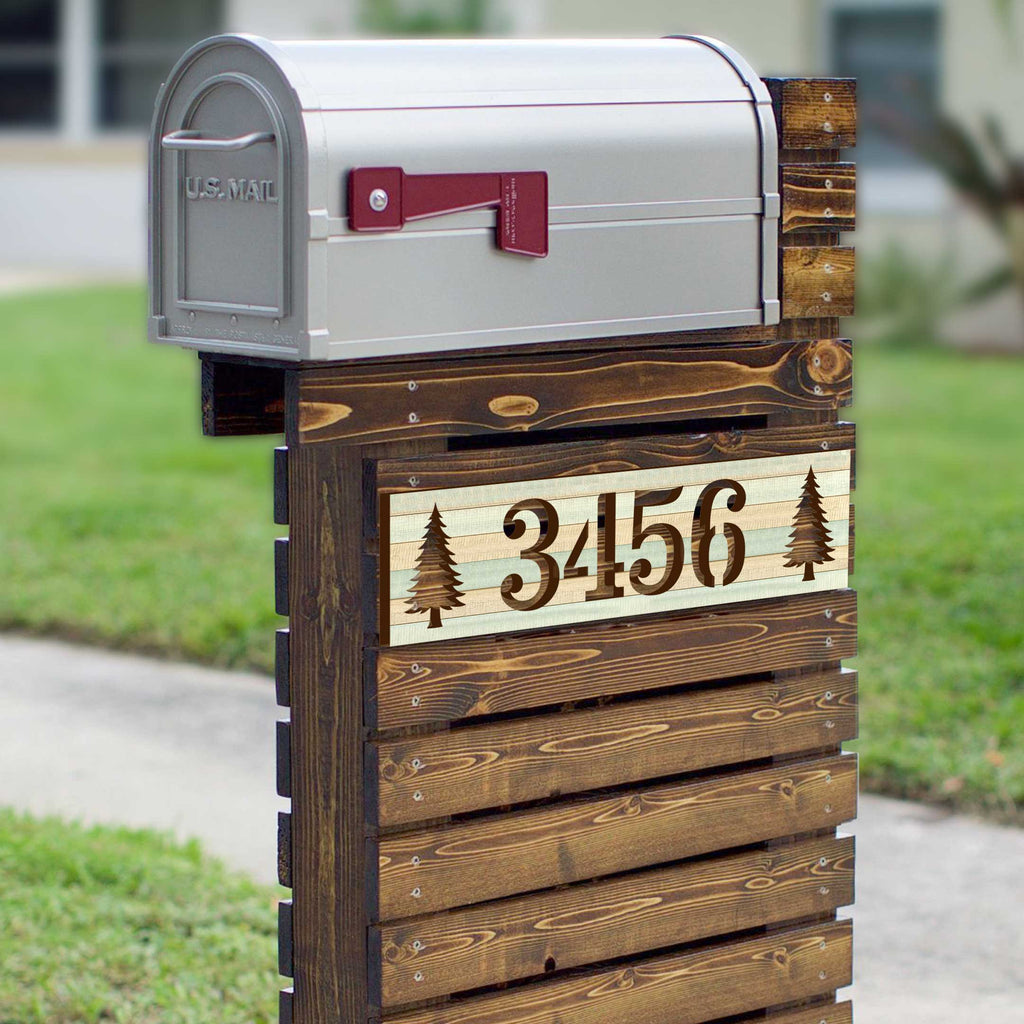 Handcrafted Horizontal House Number Sign with Pine Trees – Rustic Outdoor Address Plaque – Custom Home Handcrafted Wooden Address Sign MA989829