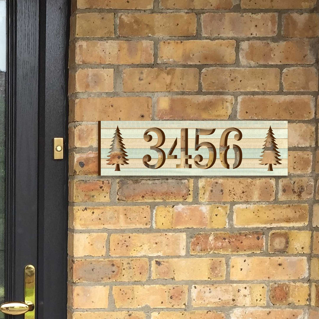 Handcrafted Horizontal House Number Sign with Pine Trees – Rustic Outdoor Address Plaque – Custom Home Handcrafted Wooden Address Sign MA989829