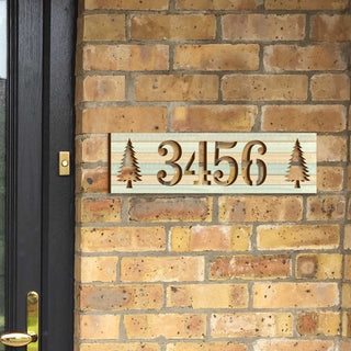 Handcrafted Horizontal House Number Sign with Pine Trees – Rustic Outdoor Address Plaque – Custom Home Handcrafted Wooden Address Sign MA989829