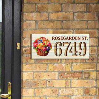 Floral basket address plaque with ROSEGARDEN ST. and house number 6749, customizable street name option, handcrafted by GDebrekht Artistic Studio. Perfect for holiday door decorations, welcome signs for home, and outdoor wall decor.
