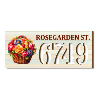Floral basket address plaque with ROSEGARDEN ST. and house number 6749, customizable street name option, handcrafted by GDebrekht Artistic Studio. Perfect for holiday door decorations, welcome signs for home, and outdoor wall decor.