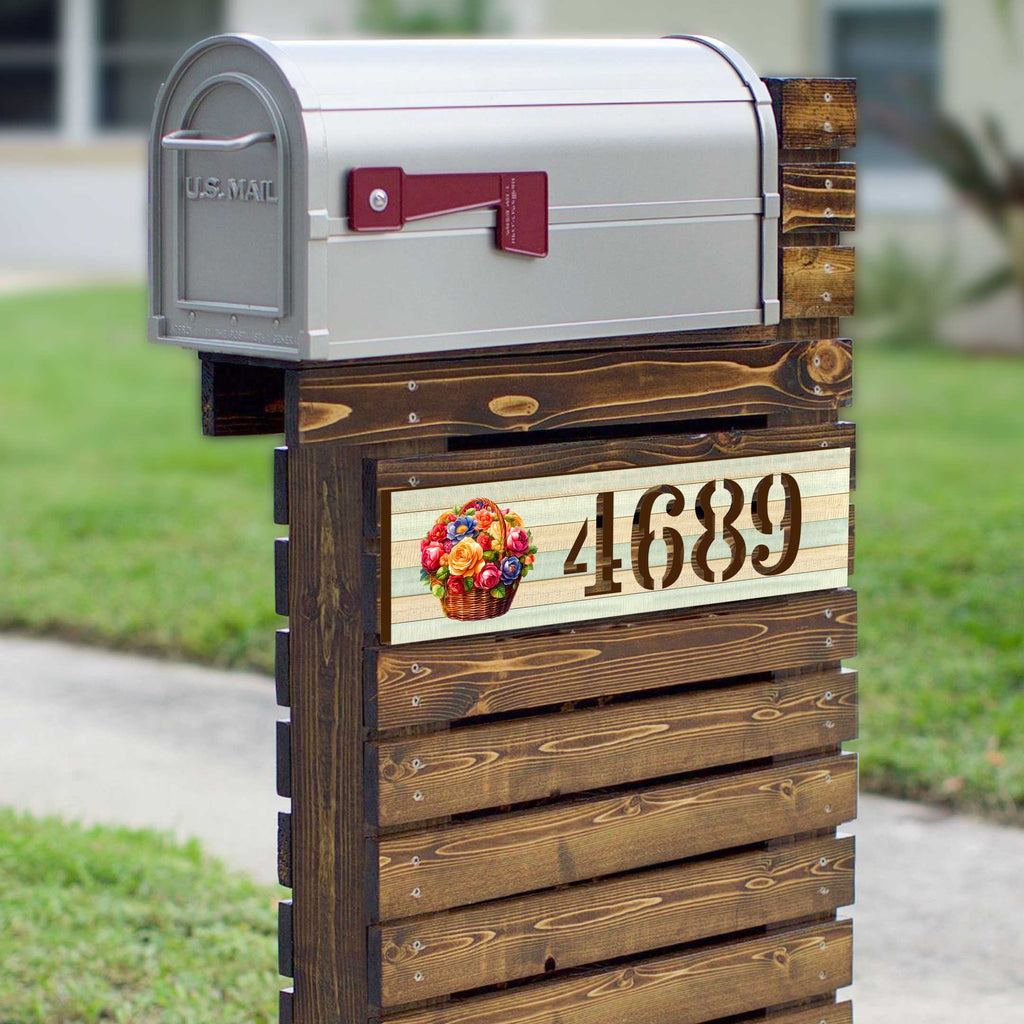 Handcrafted Floral House Number Sign – Wooden Address Plaque with Basket of Flowers – Custom Handcrafted Wooden Address Sign MA989832