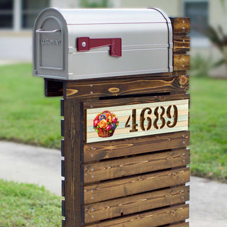 Handcrafted Floral House Number Sign – Wooden Address Plaque with Basket of Flowers – Custom Handcrafted Wooden Address Sign MA989832