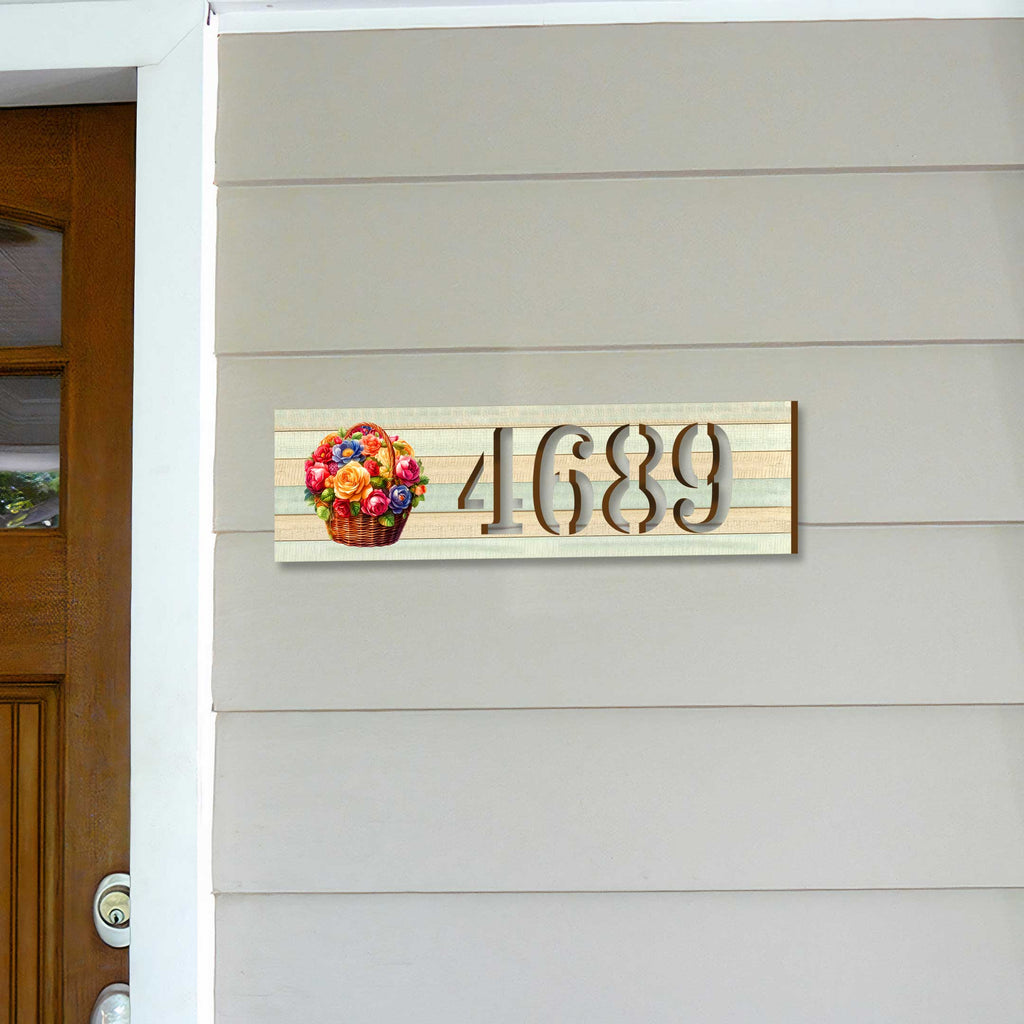 Handcrafted Floral House Number Sign – Wooden Address Plaque with Basket of Flowers – Custom Handcrafted Wooden Address Sign MA989832