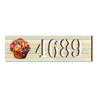 Handcrafted Floral House Number Sign – Wooden Address Plaque with Basket of Flowers – Custom Handcrafted Wooden Address Sign MA989832