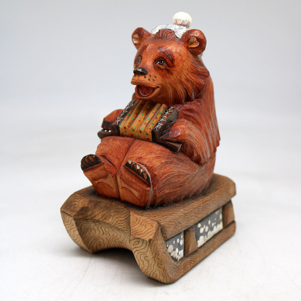 One-of-a-Kind Bear with Garmoshka WOODCARVED Figurine 5.5x3x4