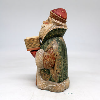 One-of-a-Kind Santa with Book WOODCARVED Figurine 6x35x35 by G. Debrekht - - Unique Handcrafted and Hand-Painted Collectible