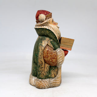 One-of-a-Kind Santa with Book WOODCARVED Figurine 6x35x35 by G. Debrekht - - Unique Handcrafted and Hand-Painted Collectible