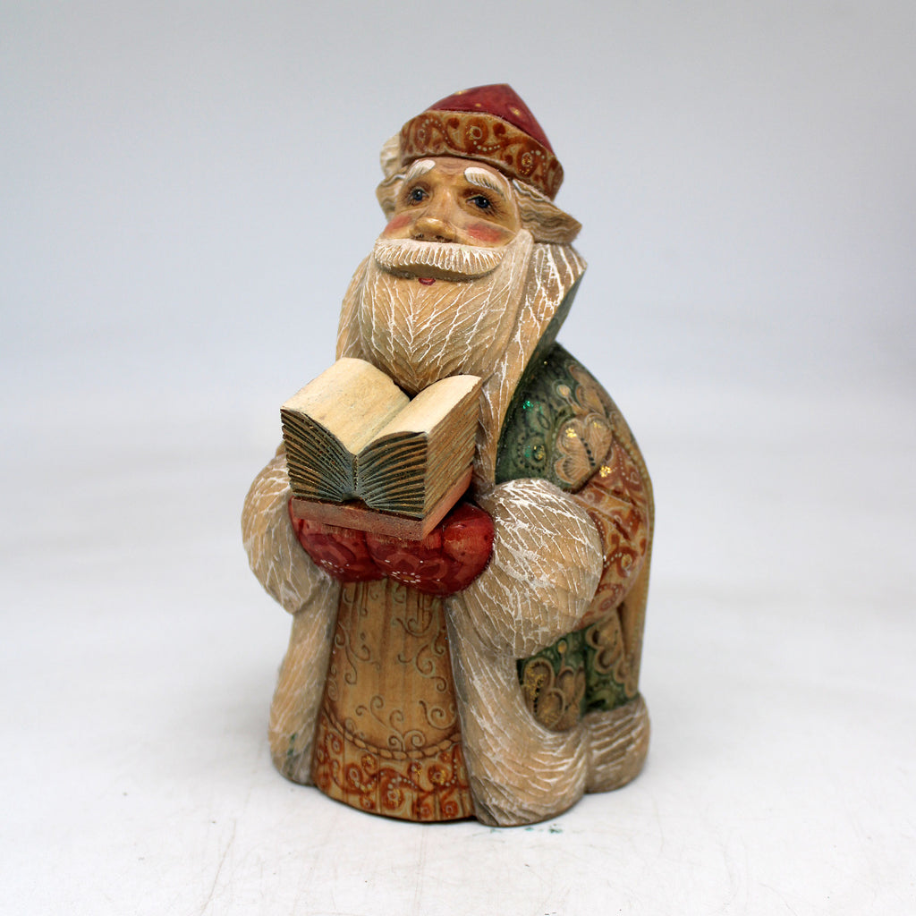 One-of-a-Kind Santa with Book WOODCARVED Figurine 6x35x35 by G. Debrekht - - Unique Handcrafted and Hand-Painted Collectible