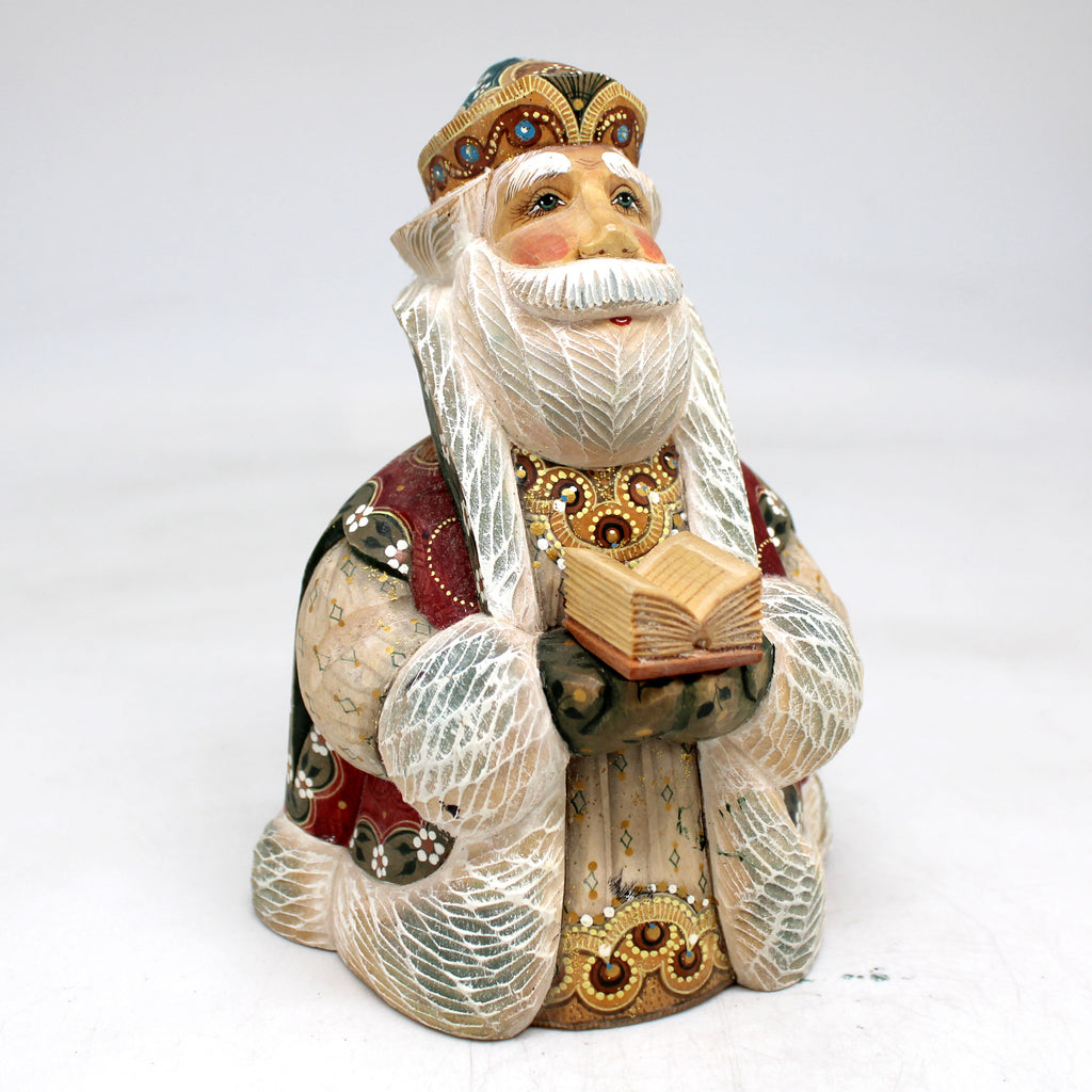 One-of-a-Kind - Santa with Book WOODCARVED Figurine 5.5x4x3.5 by G.DeBrekht - Unique Handcarved and Hand-Painted Collectible