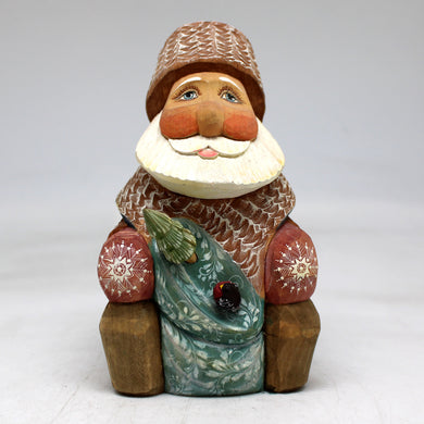 One-of-a-Kind - Santa with Bag WOODCARVED Figurine 5x3x3.5 by G.DeBrekht - Unique Handcarved and Hand-Painted Collectible