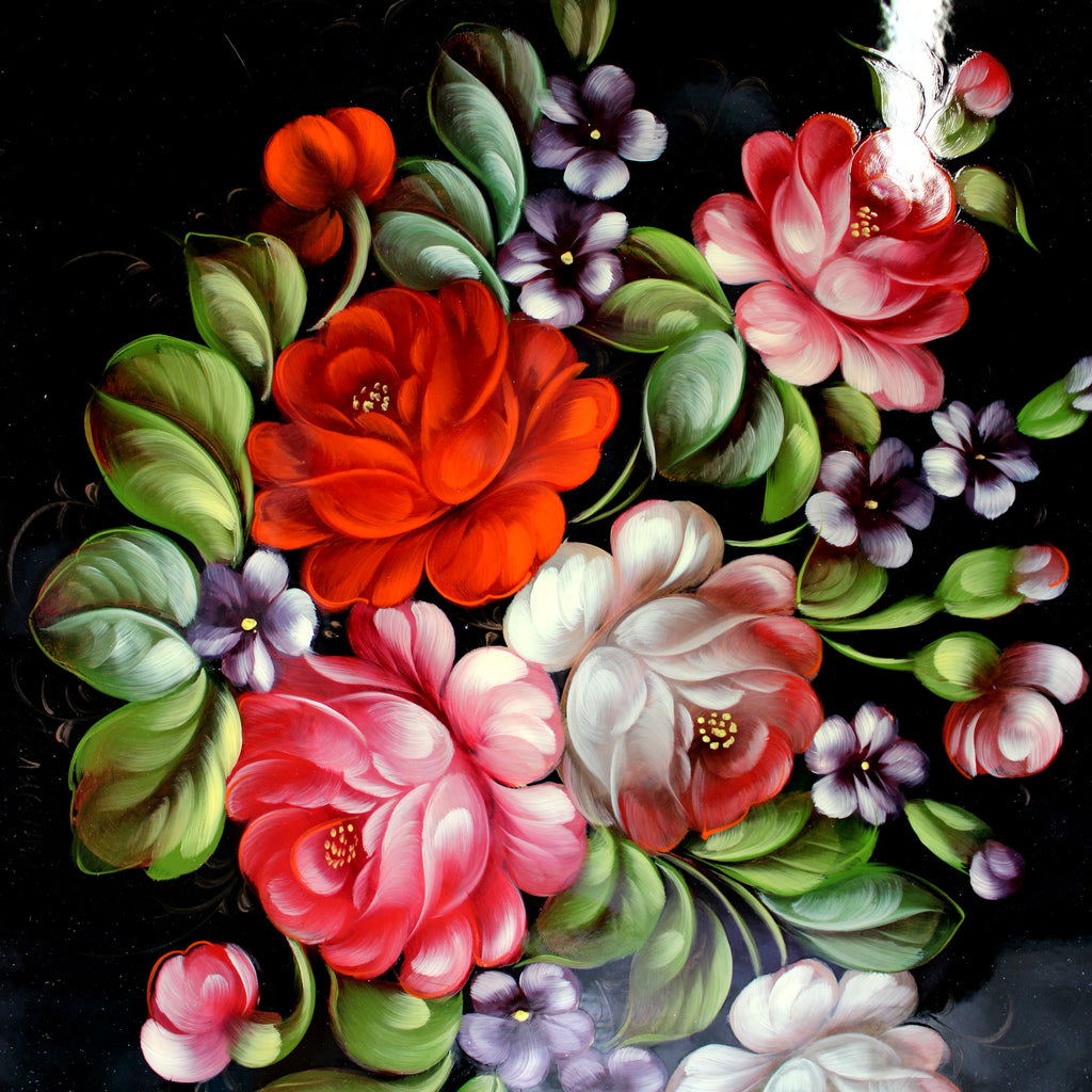 Authentic Zhostovo Floral Hand-Painted Black Metal Tray - 18x14 Kitchenware and Gift - Handmade Decorative Art - One-of-a-Kind Piece by G. Debrekht Functional Kitchenware Table and Unique Wall Dcor