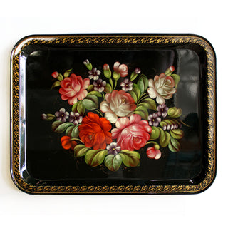 Authentic Zhostovo Floral Hand-Painted Black Metal Tray - 18x14 Kitchenware and Gift - Handmade Decorative Art - One-of-a-Kind Piece by G. Debrekht Functional Kitchenware Table and Unique Wall Dcor
