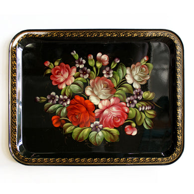 Authentic Zhostovo Floral Hand-Painted Black Metal Tray - 18x14 Kitchenware and Gift - Handmade Decorative Art - One-of-a-Kind Piece by G. Debrekht Functional Kitchenware Table and Unique Wall Dcor
