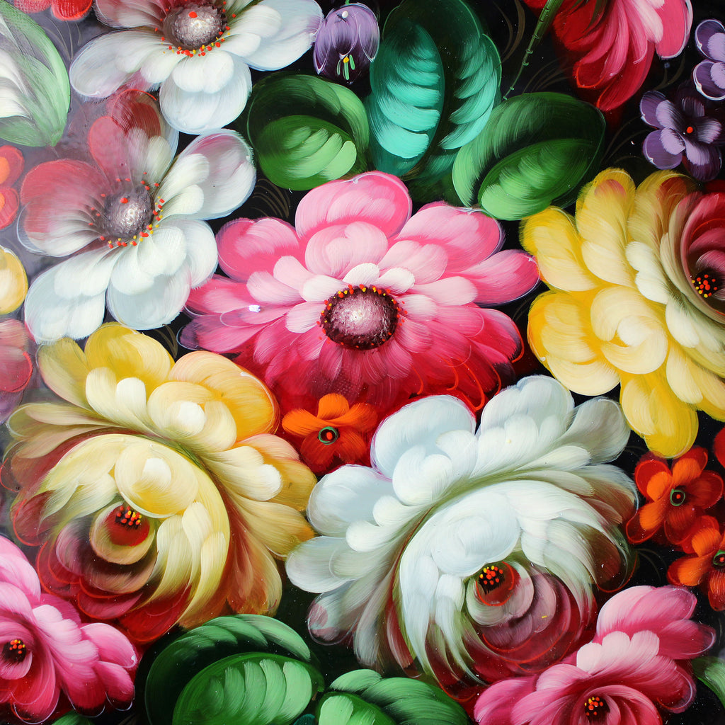 Hand-Painted Zhostovo Floral Black Metal Tray - 17x17 Kitchenware Gift - Handmade Decorative Art One-of-a-Kind Work of Art by G. Debrekht - Functional Kitchenware for Table and Unique Wall Decor