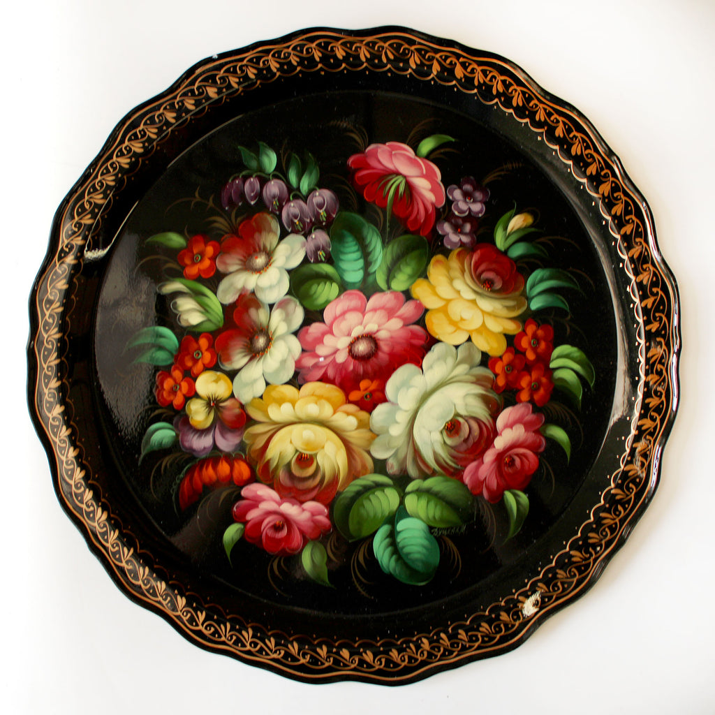 Hand-Painted Zhostovo Floral Black Metal Tray - 17x17 Kitchenware Gift - Handmade Decorative Art One-of-a-Kind Work of Art by G. Debrekht - Functional Kitchenware for Table and Unique Wall Decor