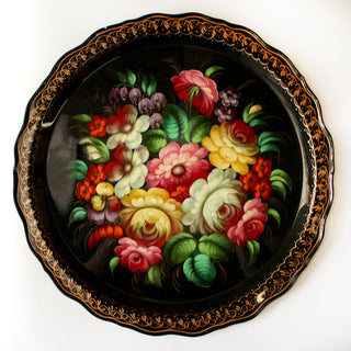 Hand-Painted Zhostovo Floral Black Metal Tray - 17x17 Kitchenware Gift - Handmade Decorative Art One-of-a-Kind Work of Art by G. Debrekht - Functional Kitchenware for Table and Unique Wall Decor