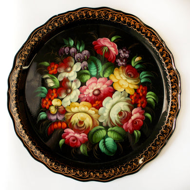 Hand-Painted Zhostovo Floral Black Metal Tray - 17x17 Kitchenware Gift - Handmade Decorative Art One-of-a-Kind Work of Art by G. Debrekht - Functional Kitchenware for Table and Unique Wall Decor
