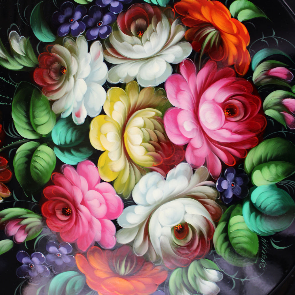 Authentic Zhostovo Floral Hand-Painted Black Metal Tray - 17 x 17 Handmade One-of-a-Kind Work of Art by G. Debrekht for Kitchenware or Home Decor Functional Kitchenware for Table or Unique Wall Decor
