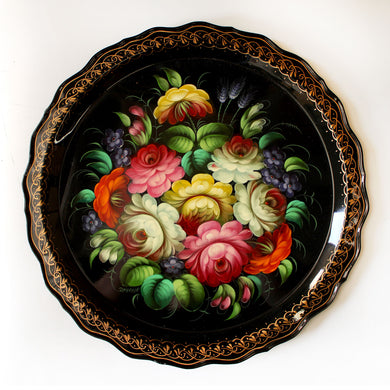 Authentic Zhostovo Floral Hand-Painted Black Metal Tray - 17 x 17 Handmade One-of-a-Kind Work of Art by G. Debrekht for Kitchenware or Home Decor Functional Kitchenware for Table or Unique Wall Decor