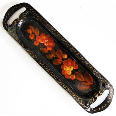 Authentic Zhostovo Floral Hand-Painted Black Metal Tray - Kitchenware and Decorative Work of Art - One-of-a-Kind Piece by G. Debrekht - 10 x 3 - Functional Kitchenware and Unique Wall Decor