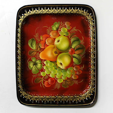 Unique Authentic Zhostovo Floral Hand-Painted Black Metal Tray 12.5 x 10 inches - Kitchenware and Gift Handmade Decorative Work of Art by G. Debrekht Functional Kitchenware Table and Unique Wall Decor