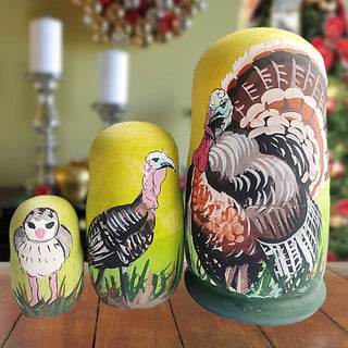 Turkey Matreshka Nesting Hand-Painted Doll Set of 3 by G. DeBrekht - Thanksgiving Halloween Decor - 14774