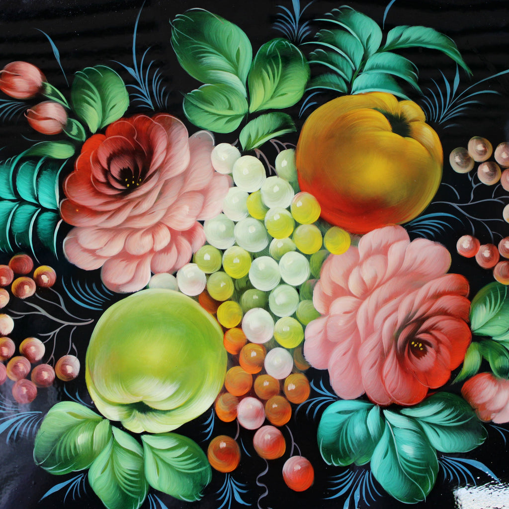 Authentic Zhostovo Floral Hand-Painted Metal Tray - 18x14 Kitchenware and Gift - Handmade Decorative Art One-of-a-Kind Work of Art by G. Debrekht Functional Kitchenware Table and Unique Wall Decor