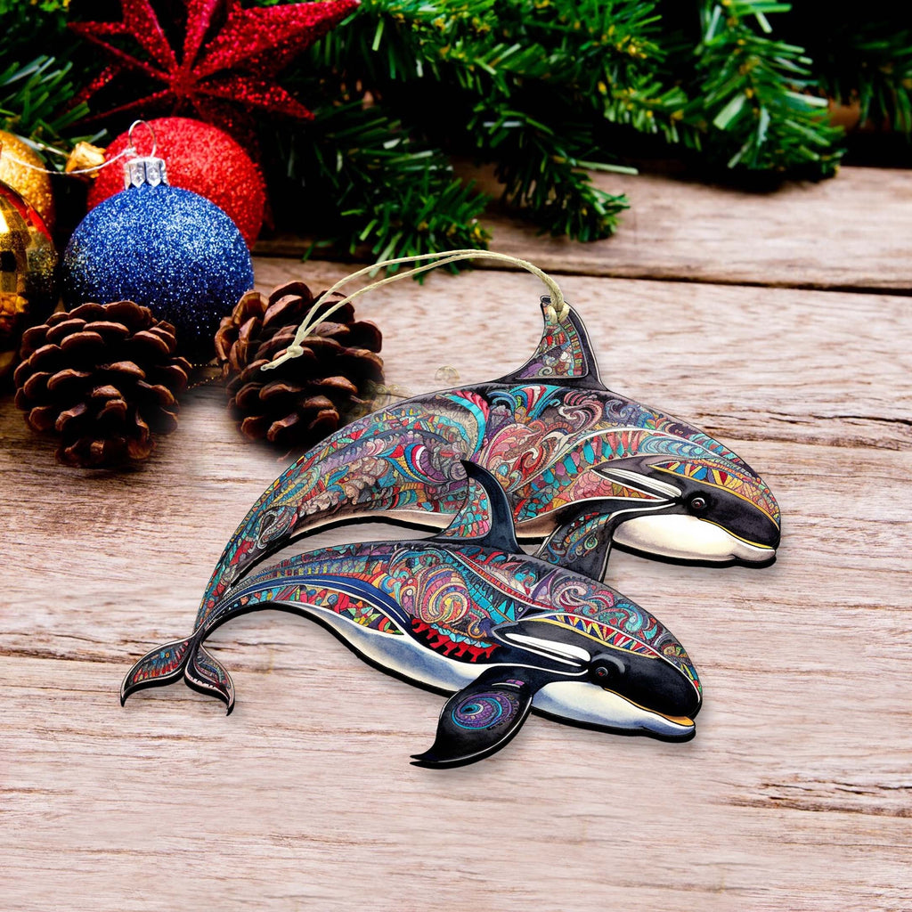 Alaskan Mysterious Orcas Wooden Ornaments by G.Debrekht - Wildlife Holiday Decor - 8710107-1