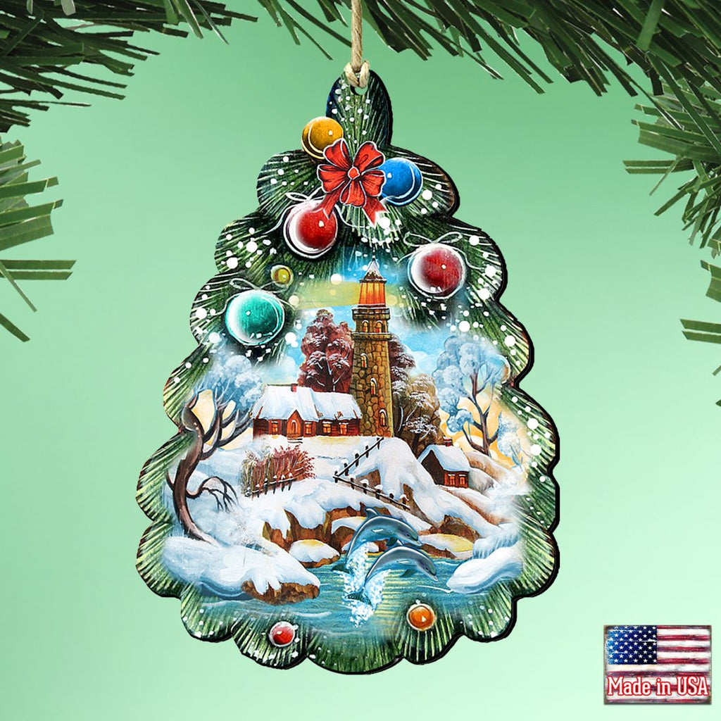 Lighthouse Tree Wooden Ornaments by G. DeBrekht - Coastal Holiday Decor - 8119185