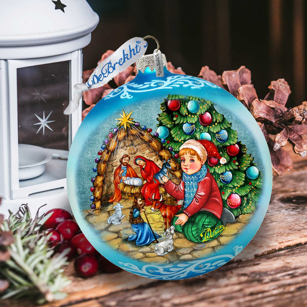 Nativity by the Christmas Tree Lg Glass Ornament in Blue by G.Debrekht - Christmas Decor - 73930B