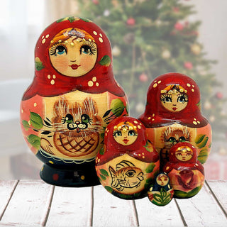 Kitty Matreshka Nesting Hand-Painted Dolls Set of 5 by G. DeBrekht - Christmas Decor - 140074