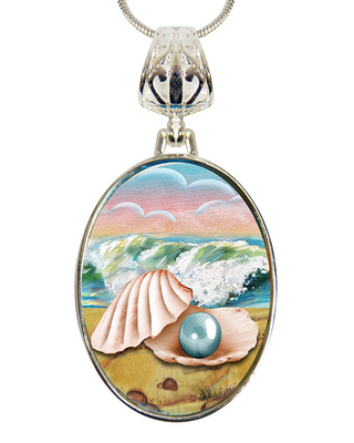 A pendant necklace with a circular design featuring a seashell, a pearl, and a wave against a colorful sky background.