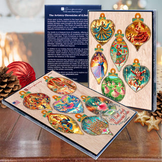 a collection of colorful and intricate Christmas ornaments displayed on a wooden surface, with a box of ornaments and a red ornament visible in the background.
