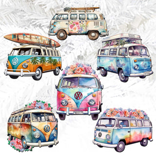 Surf Vans Clip-On Eco Wood Decorative Ornaments Set of 6 by G. Debrekht - Christmas Decor - 8090040C-S6