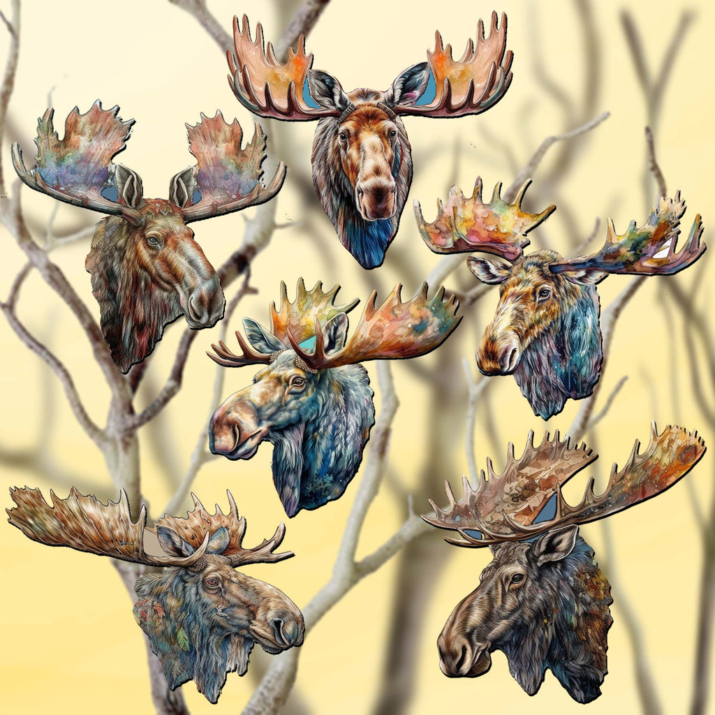 Majestic Moose Clip-On Eco Wood Decorative Ornaments Set of 6 by G. Debrekht - Wildlife Decor - 8090108C-S6