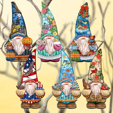 Holiday Gnomes Clip-On Eco Wood Decorative Ornaments Set of 6 by G. Debrekht - Christmas Decor - 8090138C-S6
