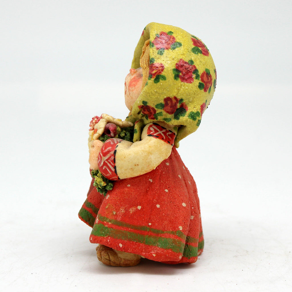 One-of-a-Kind Little Girl with a Flowers - Handmade Clay Figurine - Unique Gift- Folk Art Collectibles Handcrafted Treasures